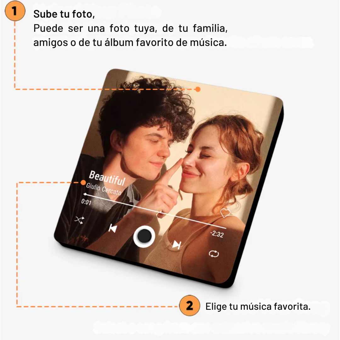 Imán para nevera con foto y música personalizada.