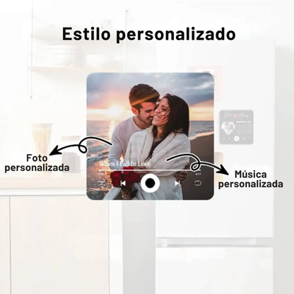 Imán para nevera con foto y música personalizada.